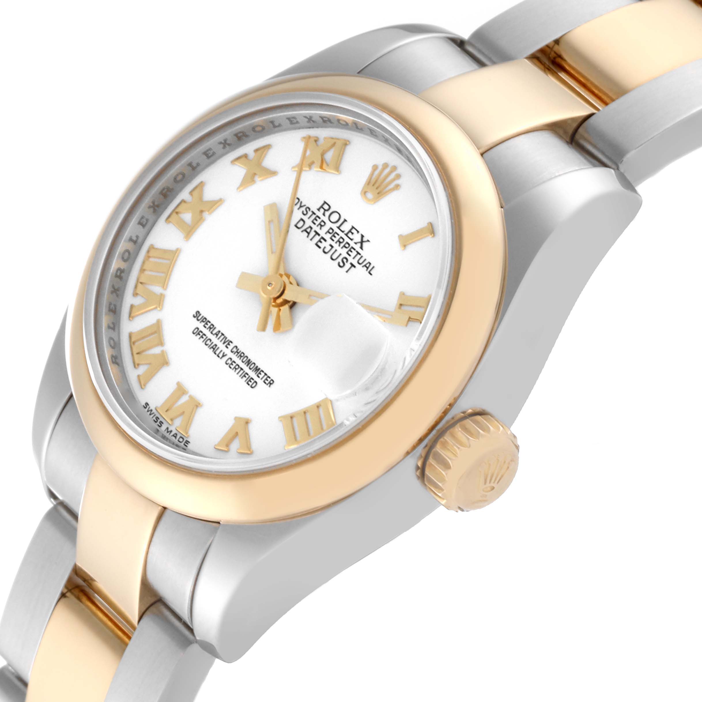 This image captures a close-up angle of the Rolex Datejust 179163 Women's Steel and Gold (two tone) White Dial 179163 Women's Steel and Gold (two tone) White Dial watch showing the dial, bezel, crown, and part of the bracelet.
