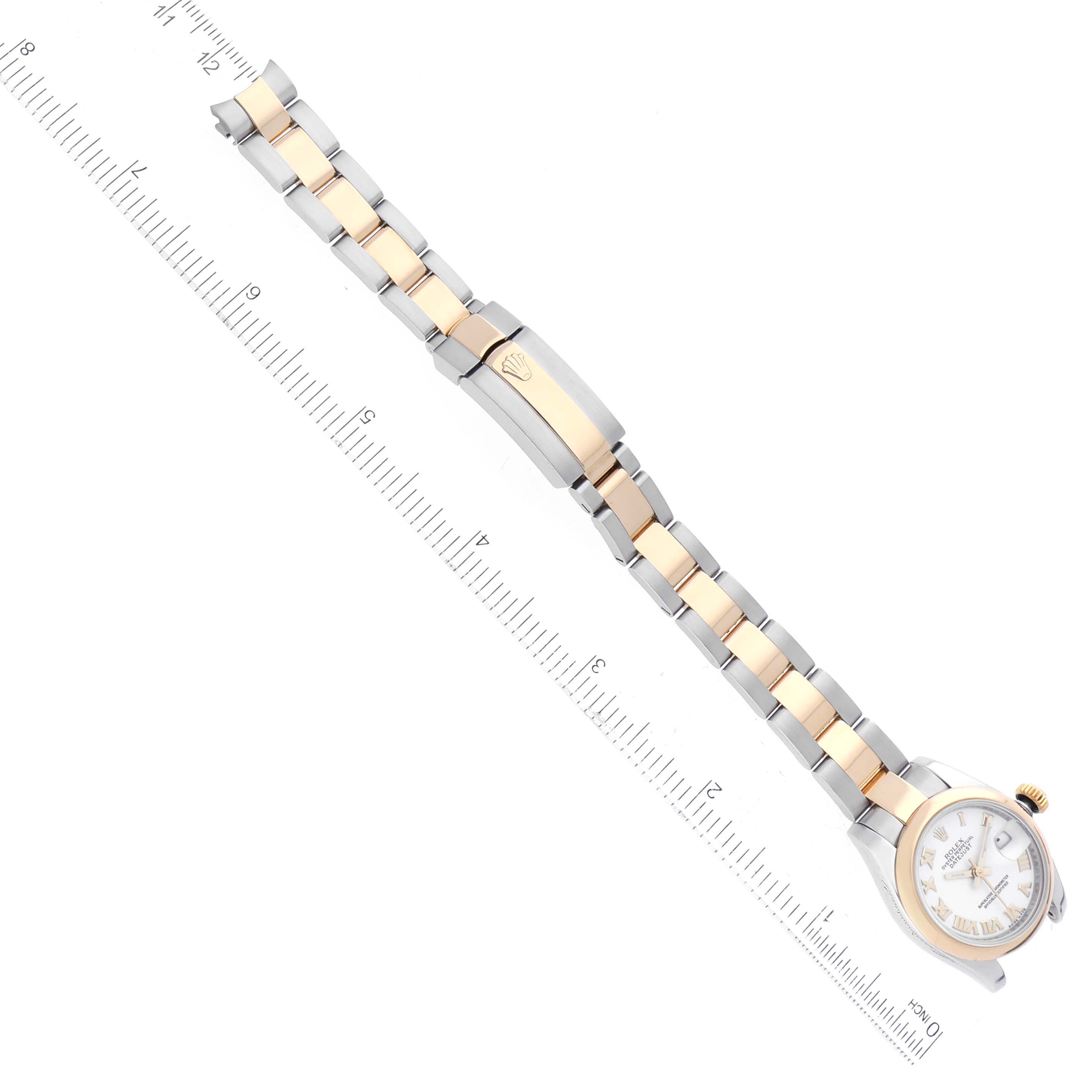 This image shows a top-down view of a Rolex Datejust 179163 Women's Steel and Gold (two tone) White Dial 179163 Women's Steel and Gold (two tone) White Dial watch, focusing on the full bracelet and clasp.