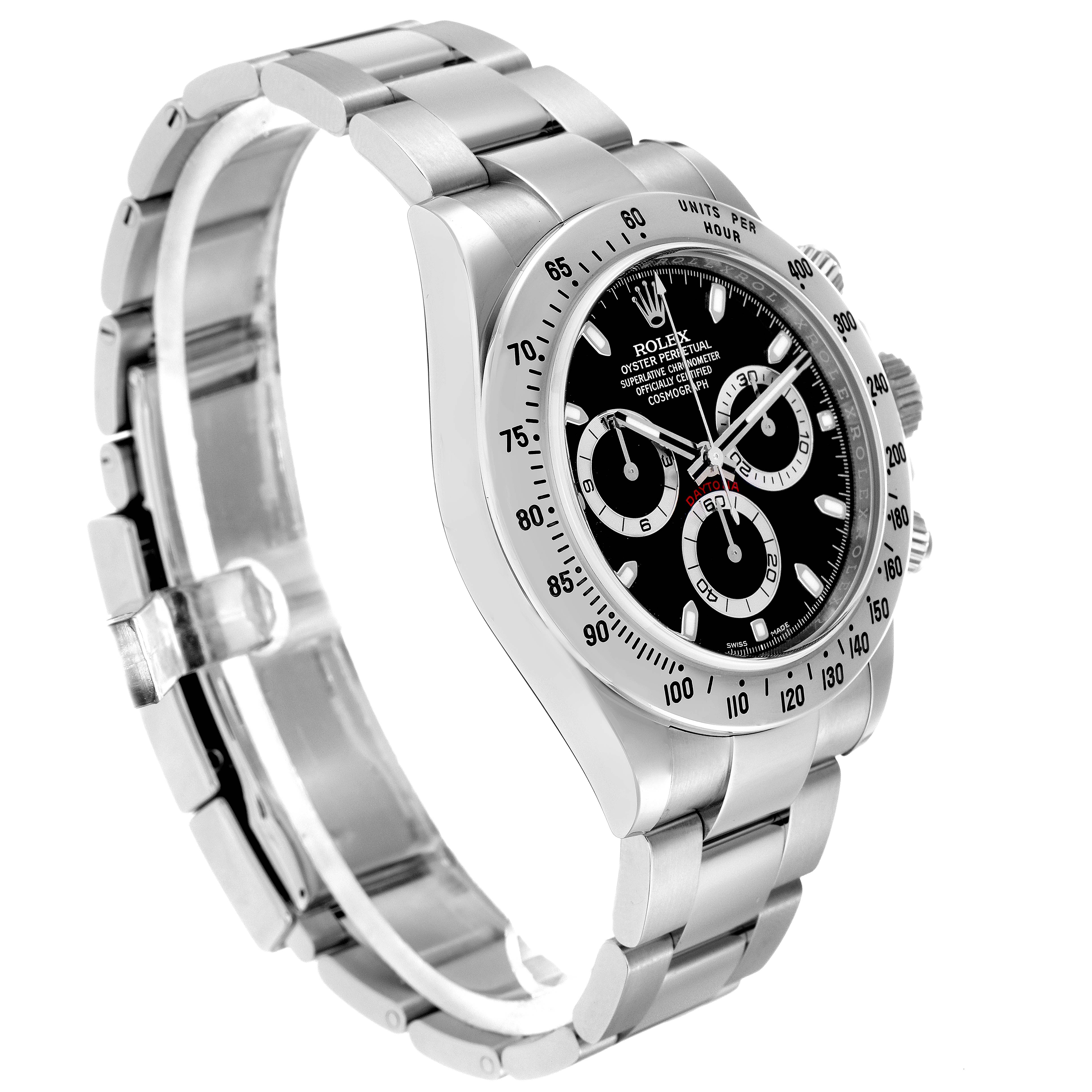 The image shows a side view of the Rolex Daytona model 116520 men's watch, highlighting the bracelet, case, bezel, and face.