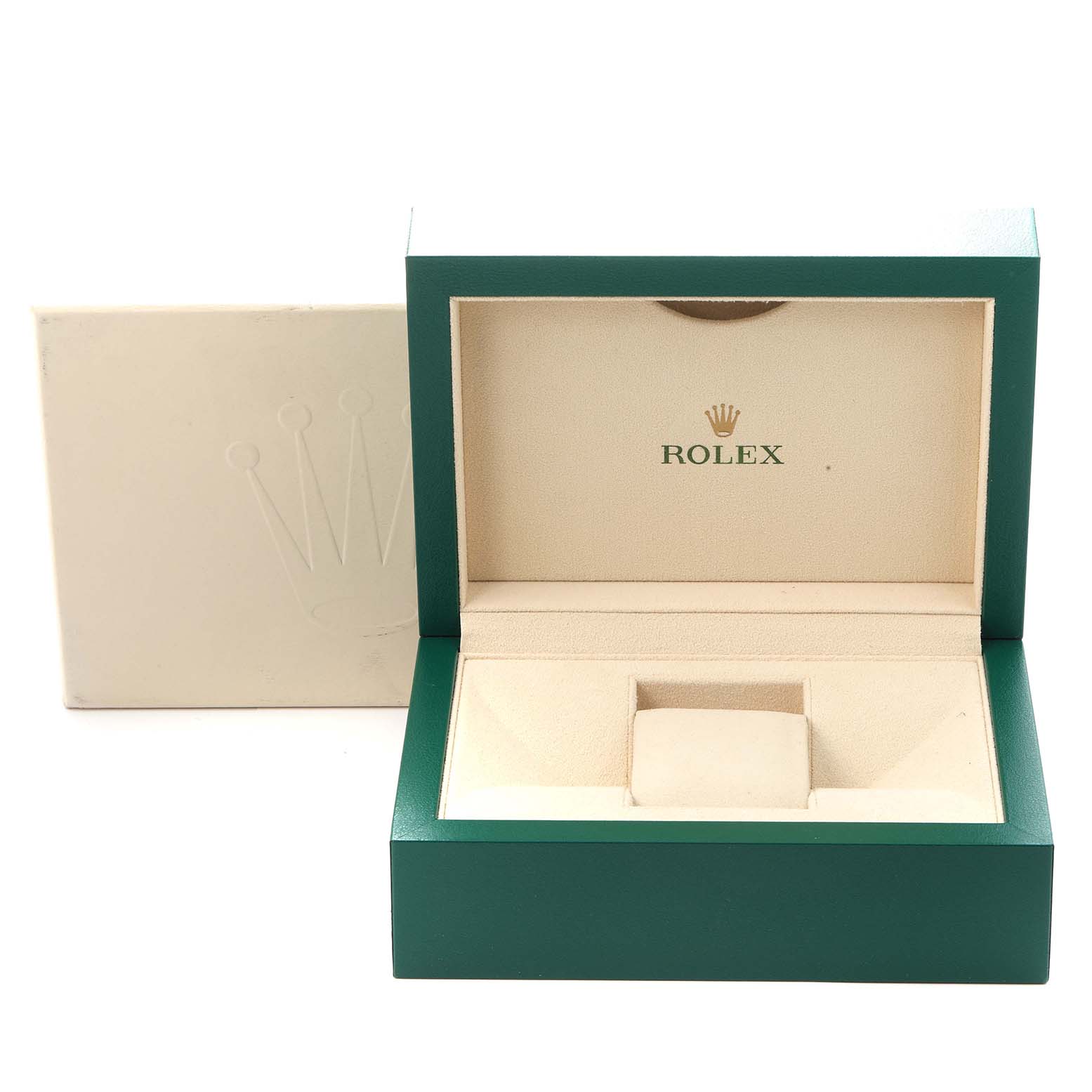 The image shows a Rolex watch box for a Daytona model, model number 116520, with a green exterior and beige interior.