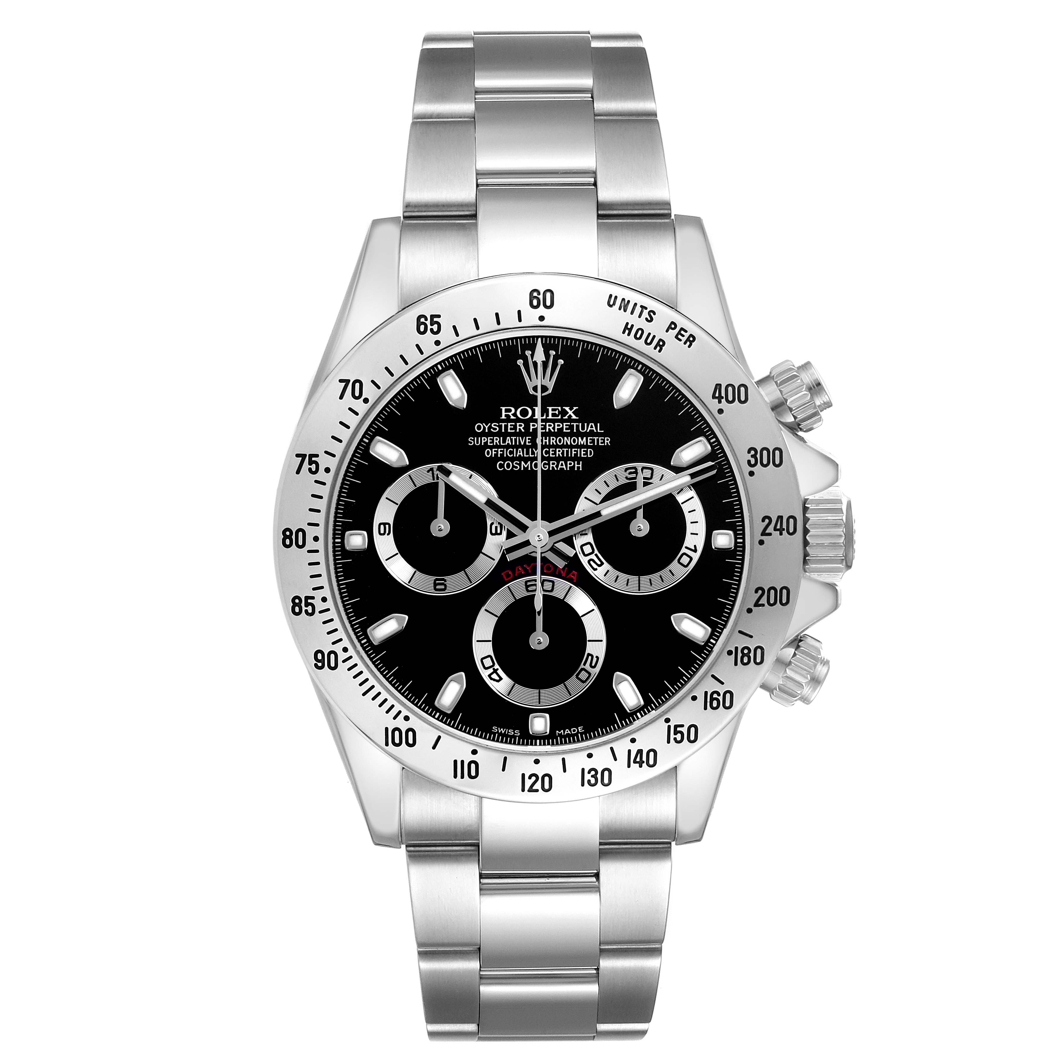 The Rolex Daytona 116520 men's watch is shown from a front angle, highlighting its black dial, subdials, bezel, and stainless steel bracelet.