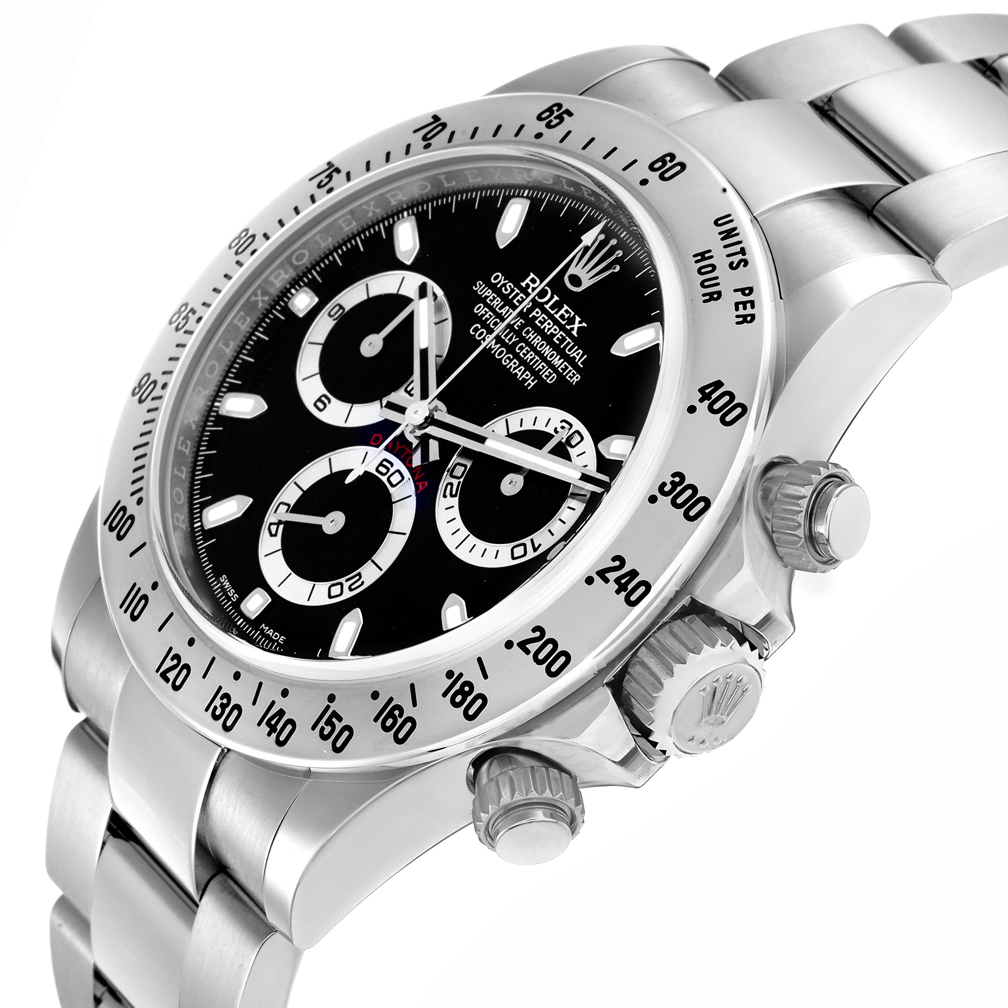 The Rolex Daytona model 116520 is shown from a side perspective, highlighting the face, bezel, pushers, and part of the bracelet.