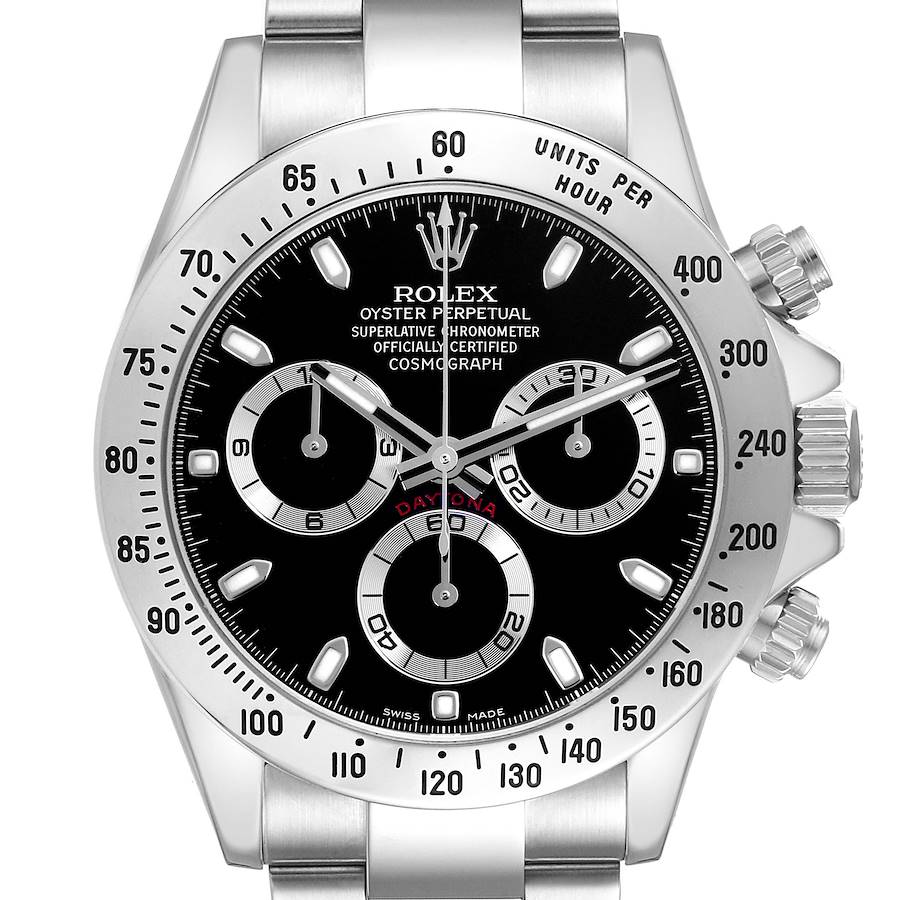 The Rolex Daytona model 116520 watch is shown from a front angle, highlighting its black dial, chronograph subdials, and stainless steel bezel.
