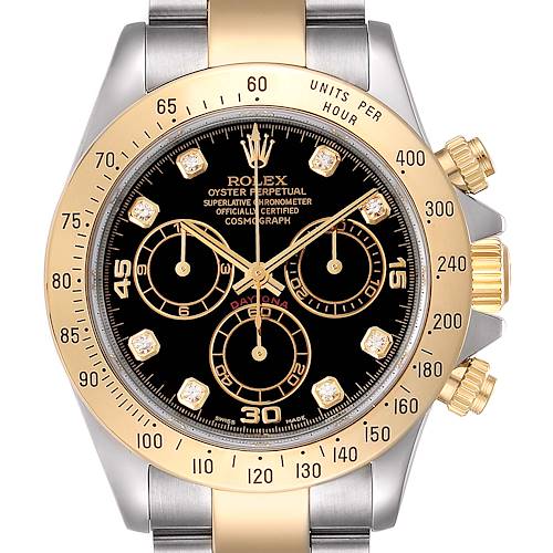 This is a frontal view of a Rolex Daytona 116523 Men's Steel and Gold (two tone) Black Dial 116523 Men's Steel and Gold (two tone) Black Dial watch, showing the face, bezel, and part of the bracelet.