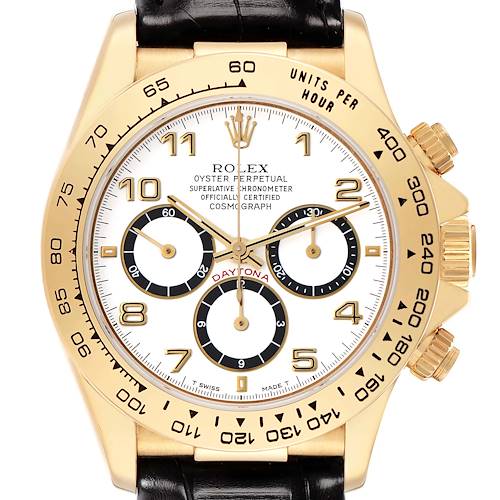 This image shows a front view of the Rolex Daytona model 16518, highlighting the dial, bezel, subdials, and part of the strap.