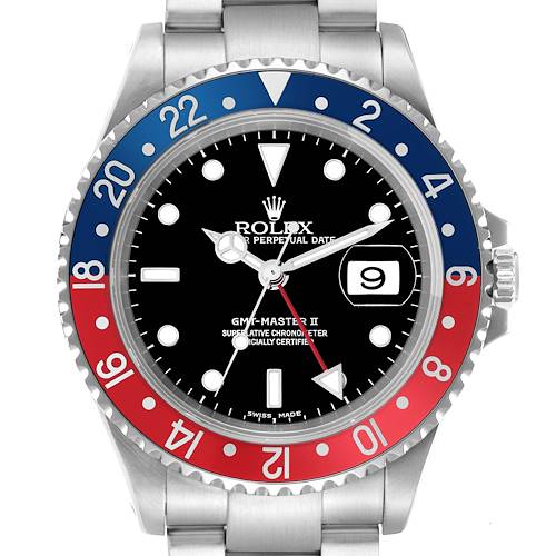 The image shows a front view of the Rolex GMT-Master II, model number 16710, highlighting its bezel, dial, hands, and date feature.
