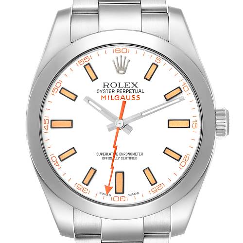 This image shows the front angle of a Rolex Milgauss 116400 Men's Stainless Steel White Dial 116400 Men's Stainless Steel White Dial watch, highlighting the dial, markers, hands, and bracelet.