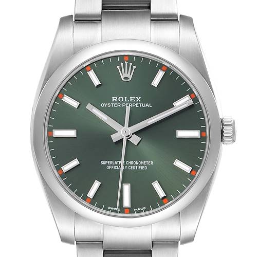 The Rolex Oyster Perpetual model 114200 is shown from a front view, highlighting the dial, hands, indices, case, and part of the bracelet.