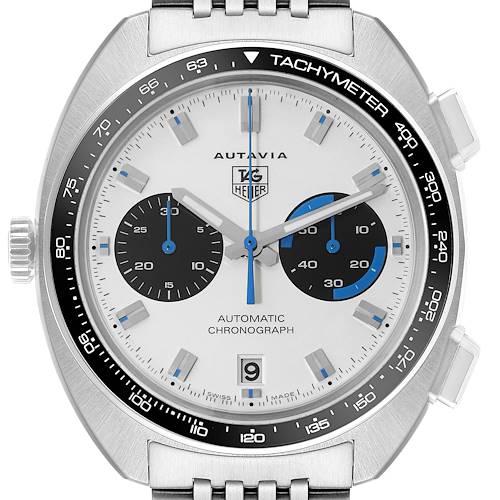 This image shows a Tag Heuer Autavia CY2110 Men's Stainless Steel White Dial CY2110 Men's Stainless Steel White Dial watch from a top-front angle, highlighting the face, dials, bezel, and bracelet connection.
