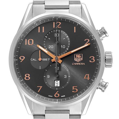 This image shows a front view of the Tag Heuer Carrera CAR2013.FC6313 Men's Stainless Steel Black Dial CAR2013.FC6313 Men's Stainless Steel Black Dial watch, highlighting the dial, bezel, and chronograph buttons.