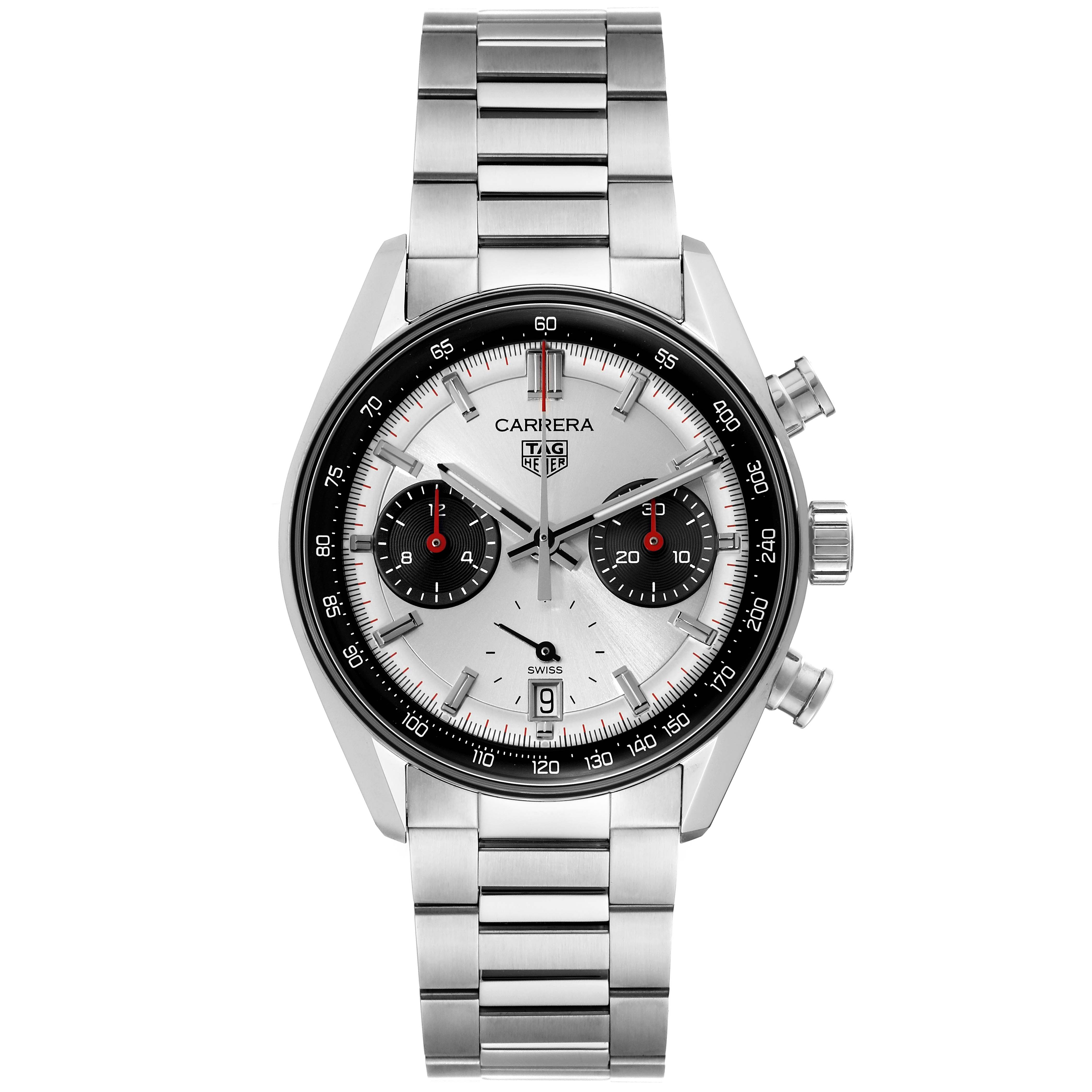 This image shows the front view of a Tag Heuer Carrera CBS2216 Men's Stainless Steel Silver Dial CBS2216 Men's Stainless Steel Silver Dial model watch with a stainless steel band and multiple sub-dials.
