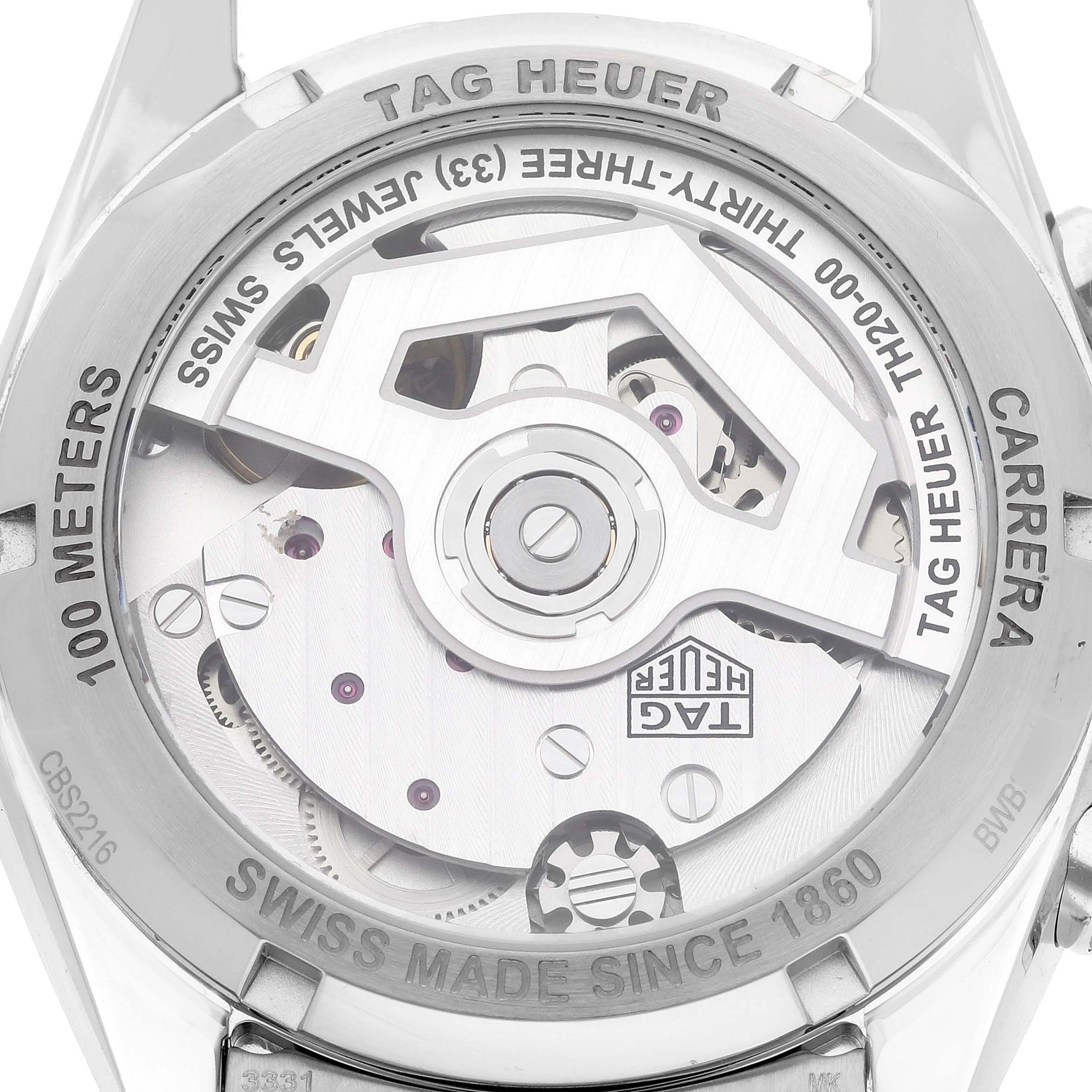 The image shows the back view of the Tag Heuer Carrera CBS2216 Men's Stainless Steel Silver Dial CBS2216 Men's Stainless Steel Silver Dial watch, revealing its internal mechanical parts.