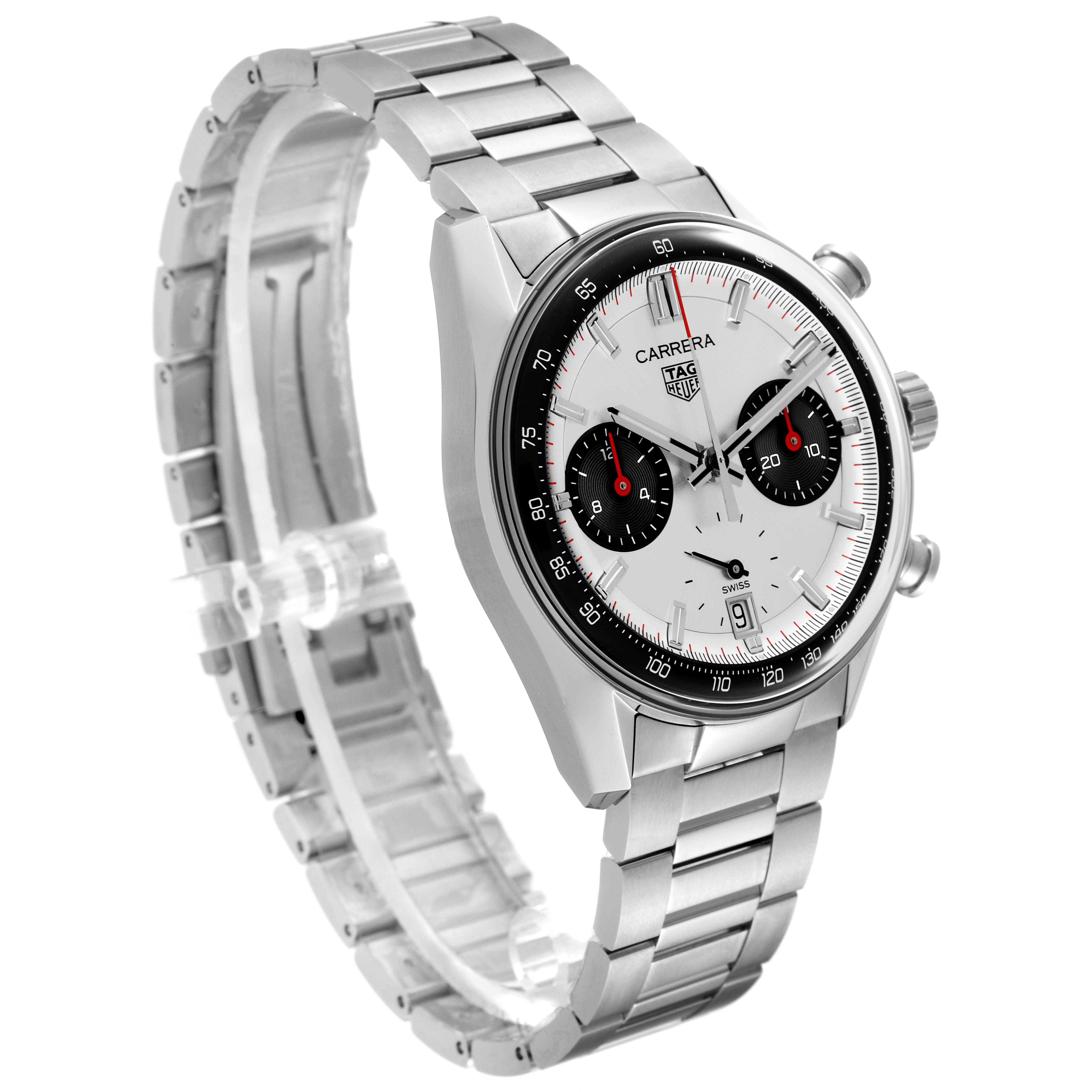 The Tag Heuer Carrera CBS2216 Men's Stainless Steel Silver Dial CBS2216 Men's Stainless Steel Silver Dial watch is shown at a 3/4 angle displaying its face, bezel, and metal bracelet.