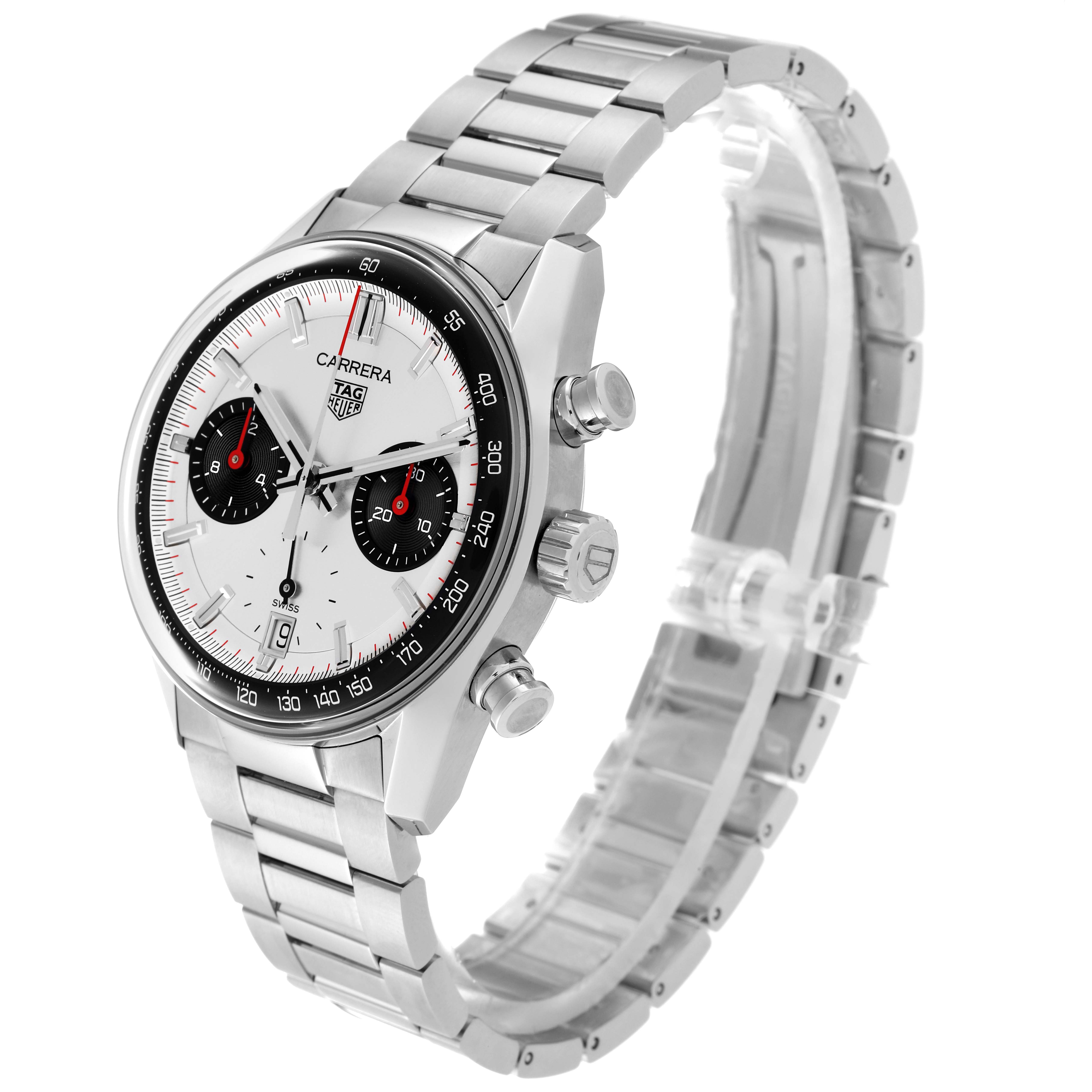 The image shows a side and front view of the Tag Heuer Carrera CBS2216 Men's Stainless Steel Silver Dial CBS2216 Men's Stainless Steel Silver Dial watch, highlighting the bracelet, dial, and case.