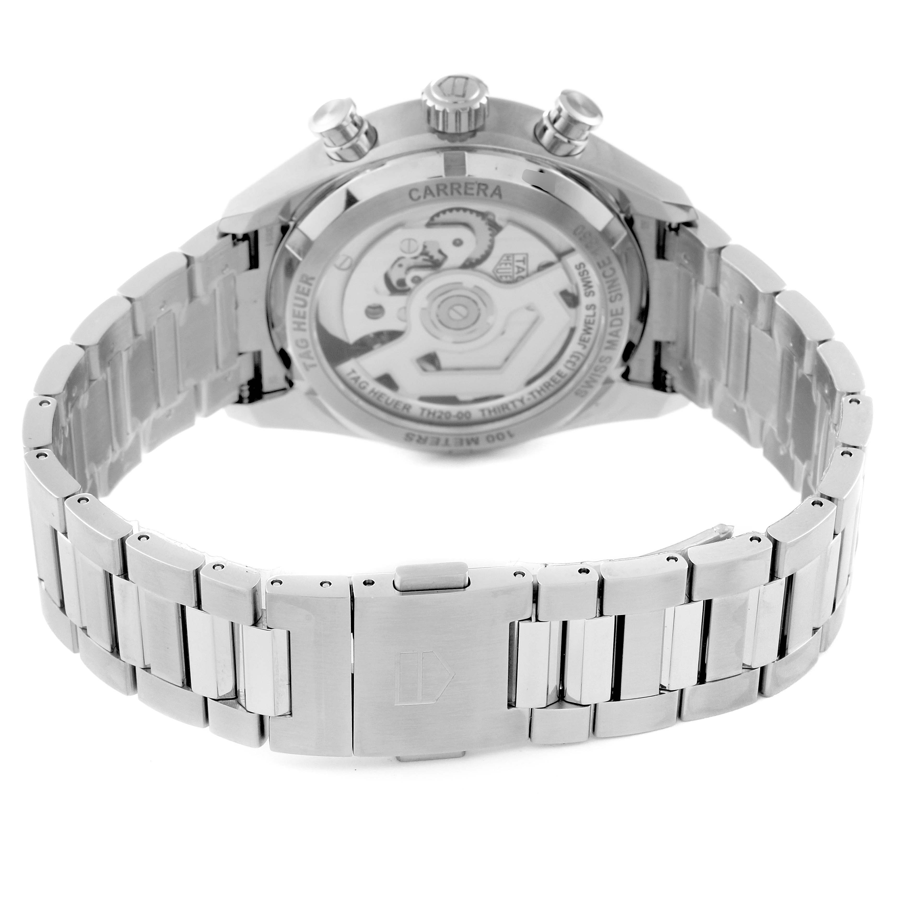 The image shows the back of the Tag Heuer Carrera CBS2216 Men's Stainless Steel Silver Dial CBS2216 Men's Stainless Steel Silver Dial watch, highlighting its stainless steel bracelet and transparent case back.