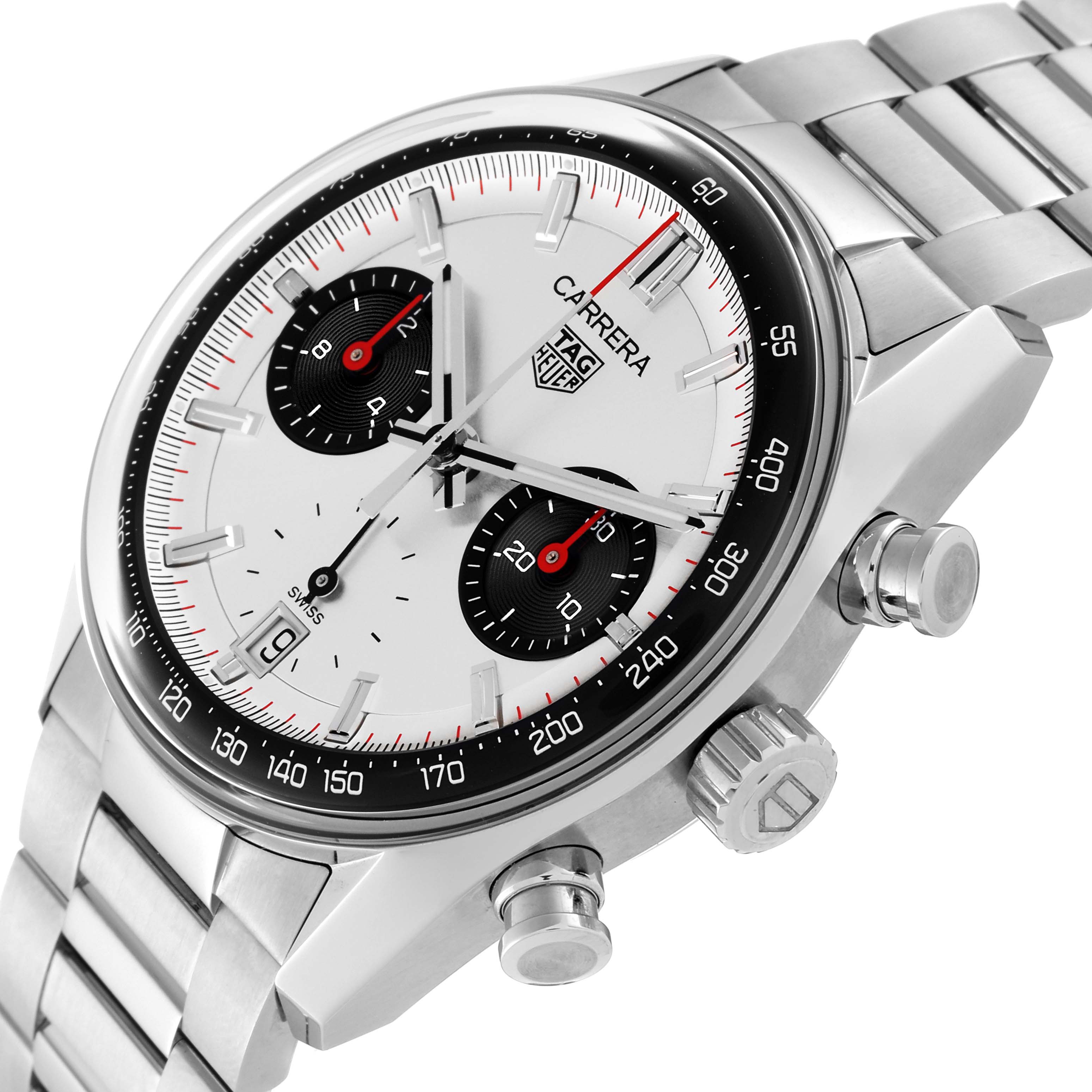 The image shows a Tag Heuer Carrera CBS2216 Men's Stainless Steel Silver Dial CBS2216 Men's Stainless Steel Silver Dial watch from an angled side view, highlighting its face, crown, and pushers.