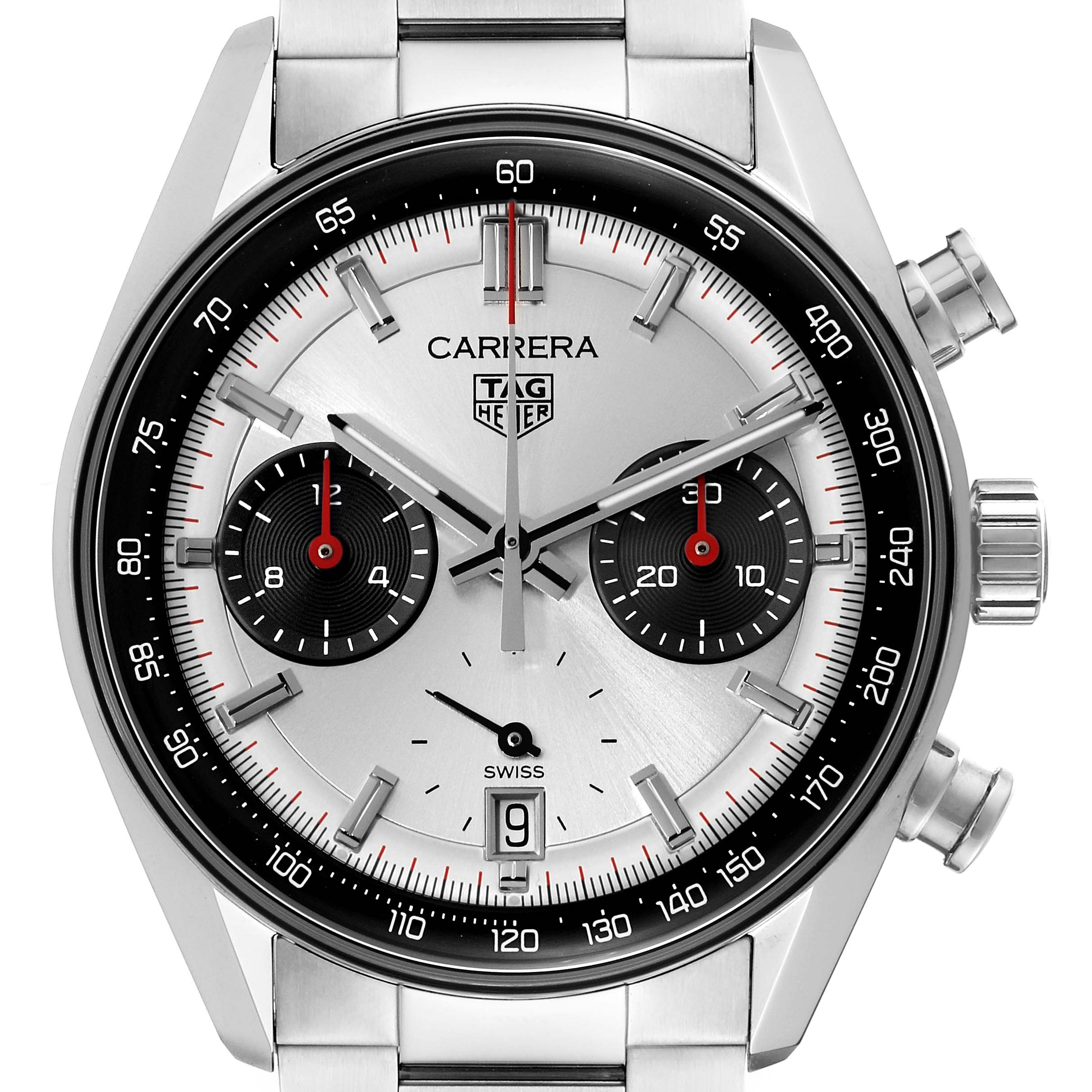 This image shows a Tag Heuer Carrera CBS2216 Men's Stainless Steel Silver Dial CBS2216 Men's Stainless Steel Silver Dial model watch displaying its dial, subdials, and bezel at a straight-on angle.