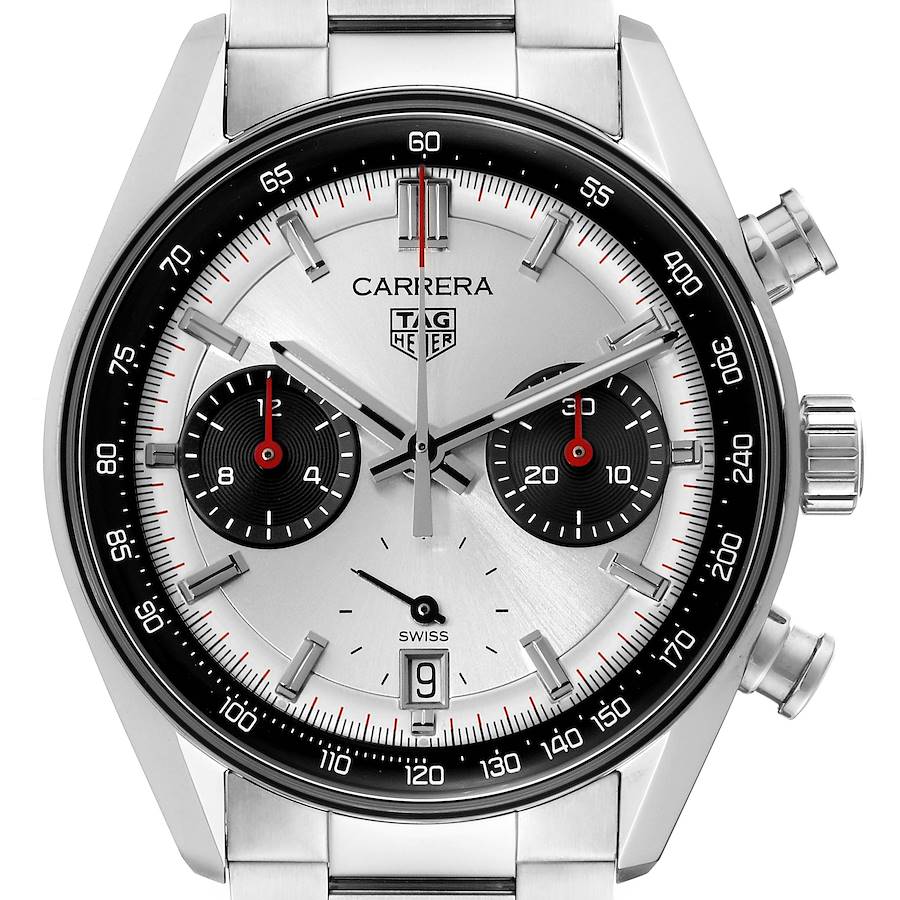 This image shows a Tag Heuer Carrera CBS2216 Men's Stainless Steel Silver Dial CBS2216 Men's Stainless Steel Silver Dial model watch displaying its dial, subdials, and bezel at a straight-on angle.