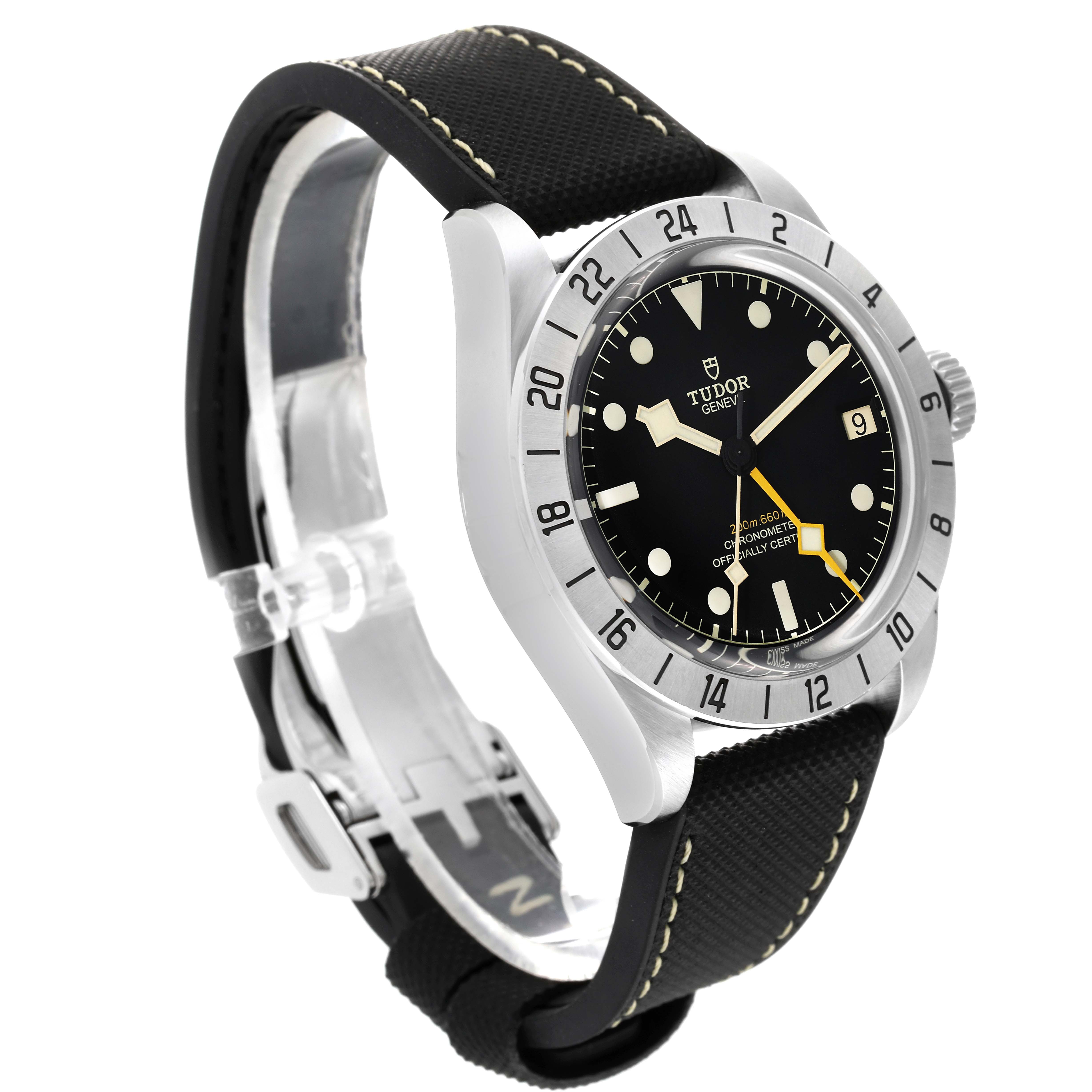This image shows a Tudor Heritage Black Bay 79470 Men's Stainless Steel Black Dial 79470 Men's Stainless Steel Black Dial watch at a three-quarter angle, highlighting its bezel, dial, and strap.