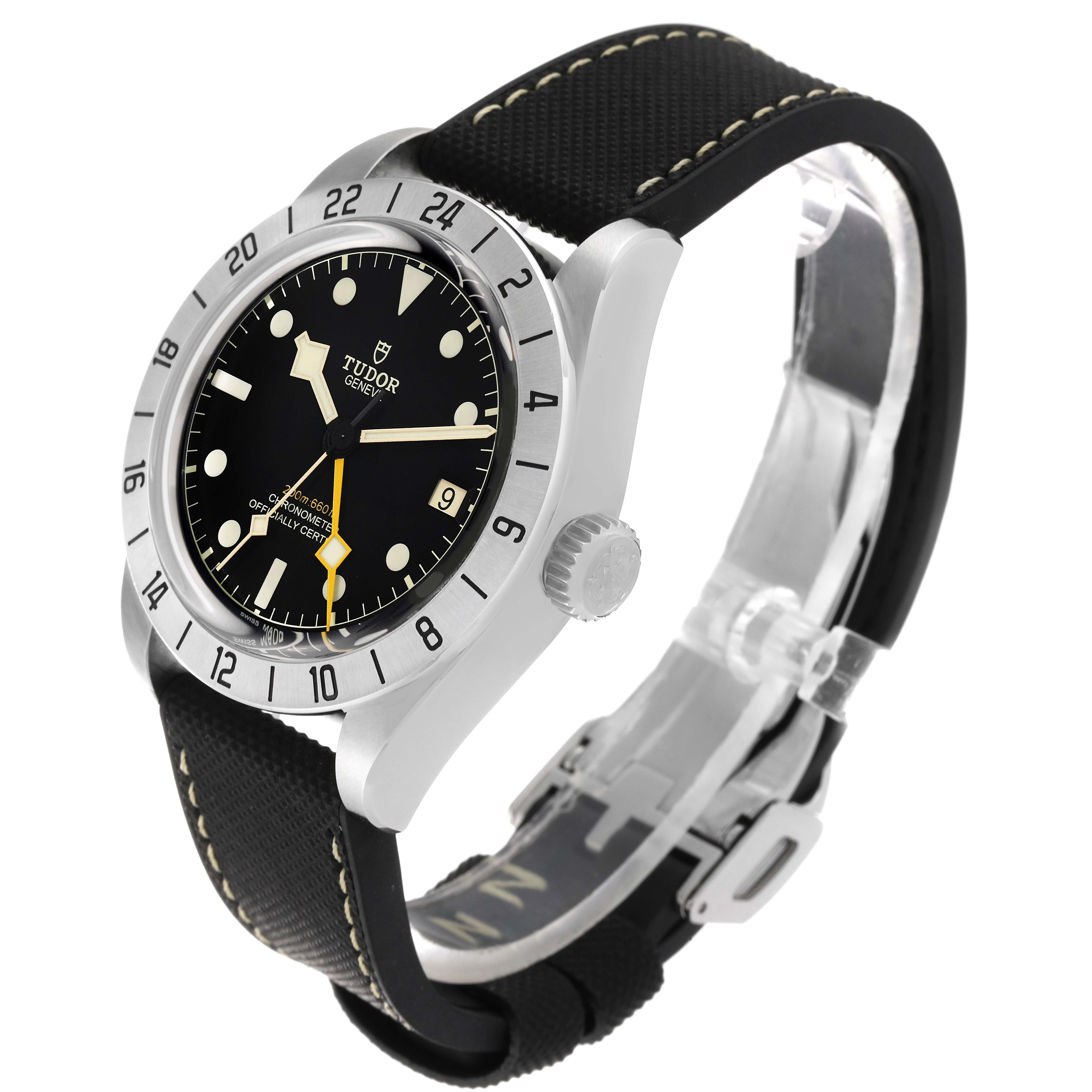 The image shows a side angle of the Tudor Heritage Black Bay 79470 Men's Stainless Steel Black Dial 79470 Men's Stainless Steel Black Dial watch, highlighting its bezel, crown, dial, and strap.