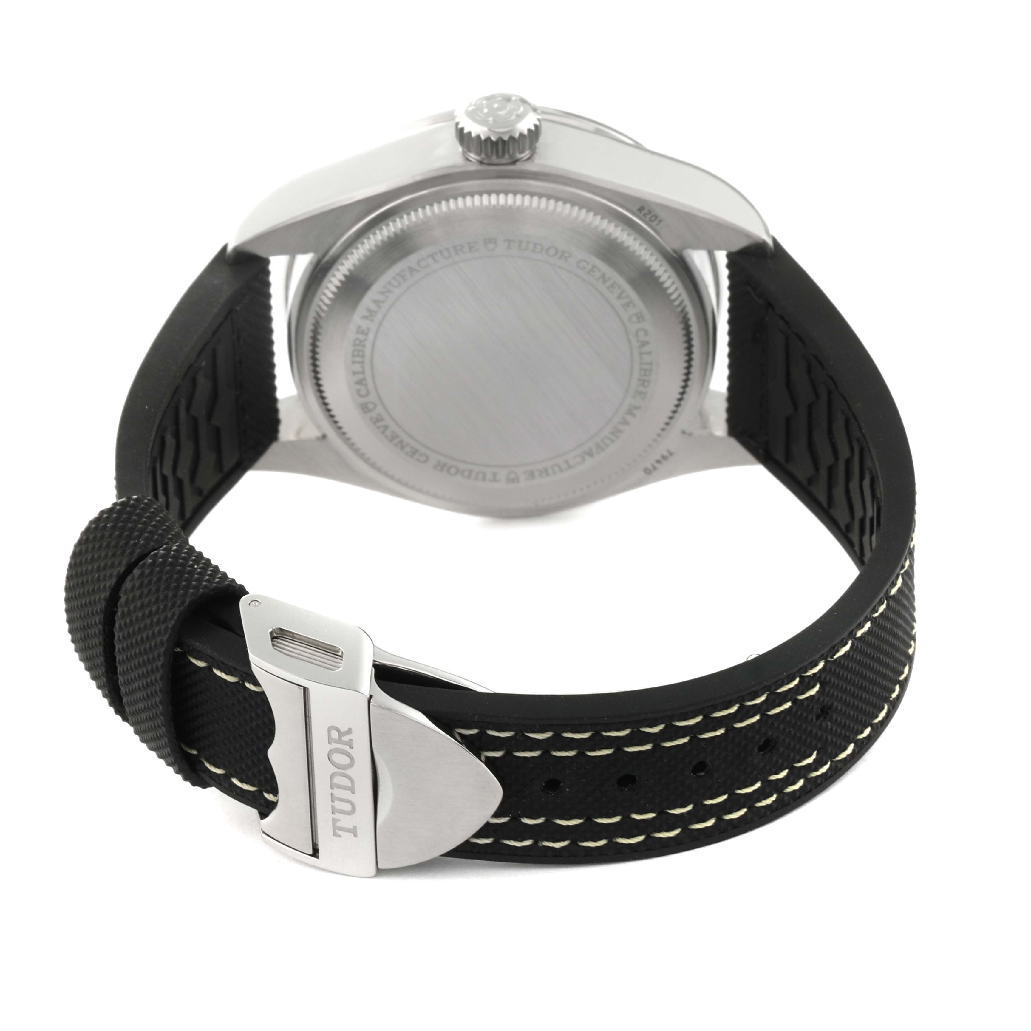 The image shows the back case and strap of a Tudor Heritage Black Bay 79470 Men's Stainless Steel Black Dial 79470 Men's Stainless Steel Black Dial watch from a rear angle.