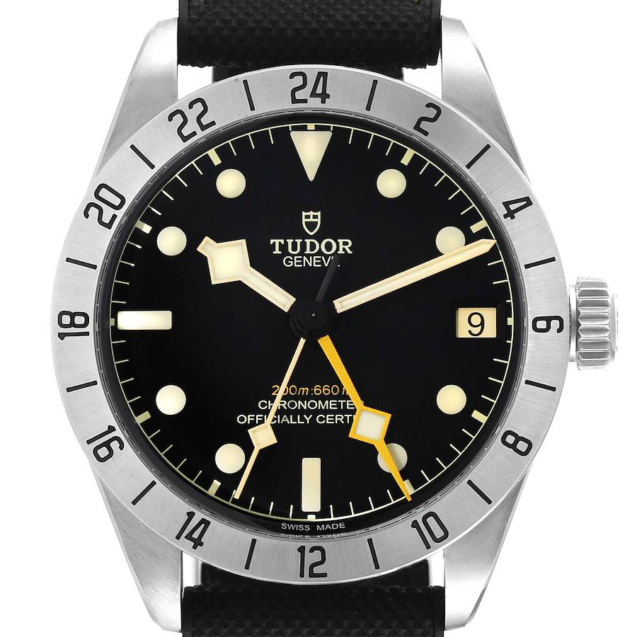 This image shows a front view of the Tudor Heritage Black Bay 79470 Men's Stainless Steel Black Dial 79470 Men's Stainless Steel Black Dial watch face, bezel, and crown.