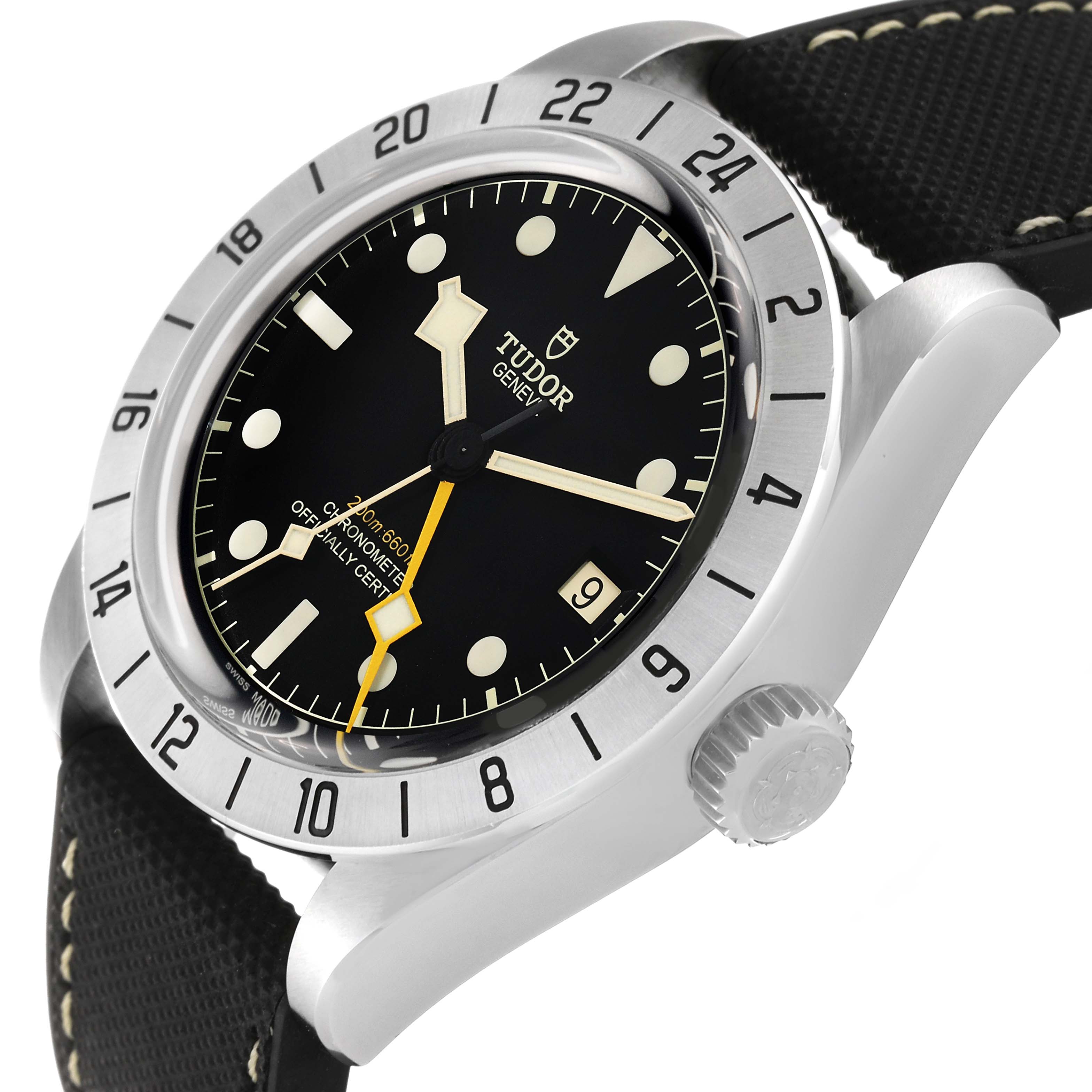 The image shows a close-up of the Tudor Heritage Black Bay 79470 Men's Stainless Steel Black Dial 79470 Men's Stainless Steel Black Dial watch, highlighting its bezel, dial, crown, and strap.