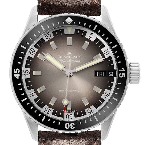 The image shows a frontal view of the Blancpain Fifty Fathoms model 5052-1110-63A, featuring the watch face, bezel, and crown.