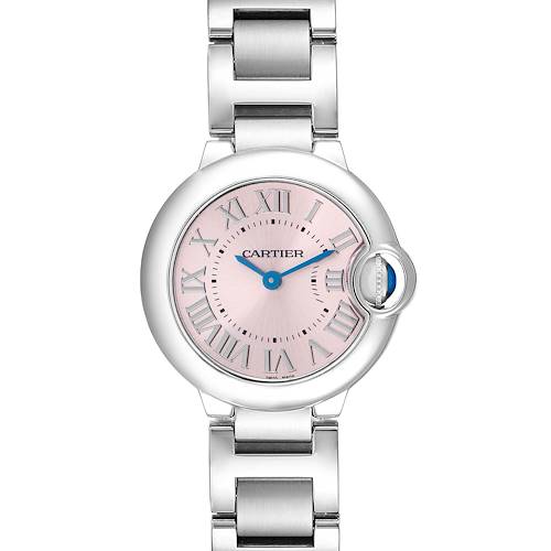 The Cartier Ballon Bleu model W6920038 men's watch is shown from a front angle, highlighting the dial, Roman numerals, blue hands, and metal bracelet.