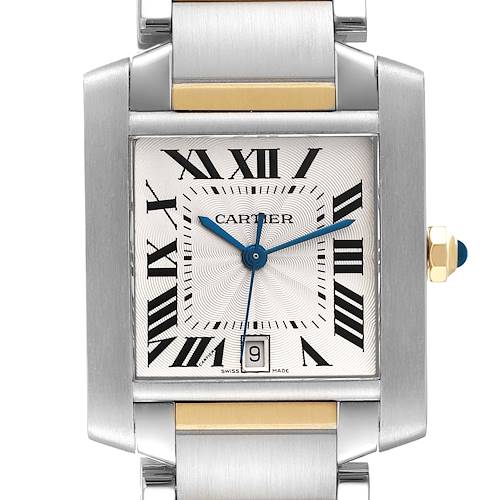 This image shows a close-up view of the Cartier Tank Française watch's face, complete with Roman numerals, blue hands, and the date window.