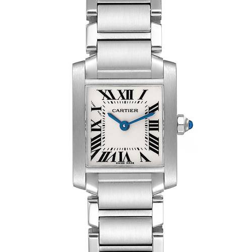 The image shows a frontal view of a Cartier Tank Francaise W51008Q3 Women's Stainless Steel Silver Dial W51008Q3 Women's Stainless Steel Silver Dial watch, highlighting the face, bracelet, and crown.