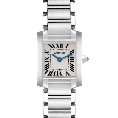 The Cartier Tank Francaise model W51008Q3 is shown from a frontal angle, highlighting its face, Roman numerals, blue hands, and metal bracelet.