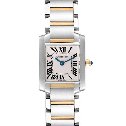 The image shows a front view of the Cartier Tank Française watch, displaying its dial, bracelet, and crown.