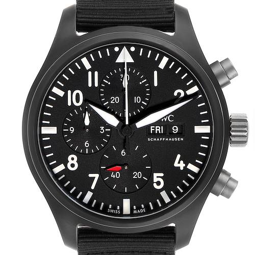 The IWC Pilot Watch, model IW389101, is shown from a front angle, displaying the dial with its subdials, hands, and the crown on the right.