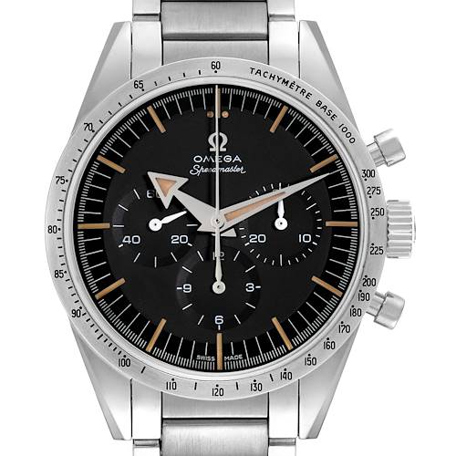 The Omega Speedmaster model 311.10.39.30.01.001 is shown from the front, highlighting its dial, subdials, tachymeter bezel, and stainless steel bracelet.