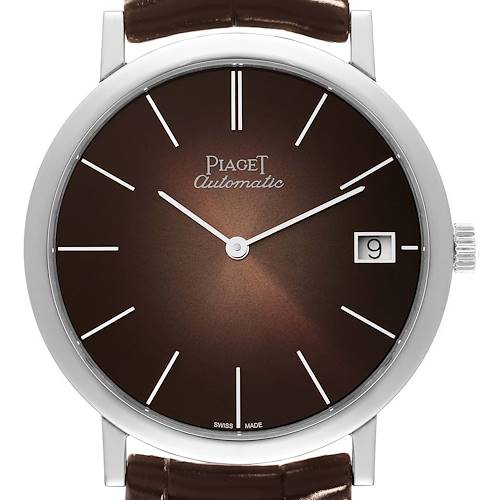 This Piaget G0A42050 Men's White Gold Brown Dial G0A42050 Men's White Gold Brown Dial Altiplano Limited Edition White Gold Ultra Thin G0A42050 watch is shown from a front angle, displaying its dial, hands, and date window.
