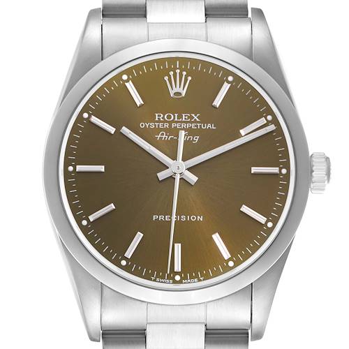 The image shows a front view of the Rolex Air-King model 14000 Men's watch, highlighting the dial, hands, crown, and part of the bracelet.