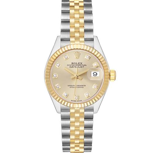 The Rolex Datejust model 279173 is shown from the front, highlighting the dial, bezel, bracelet, and crown.
