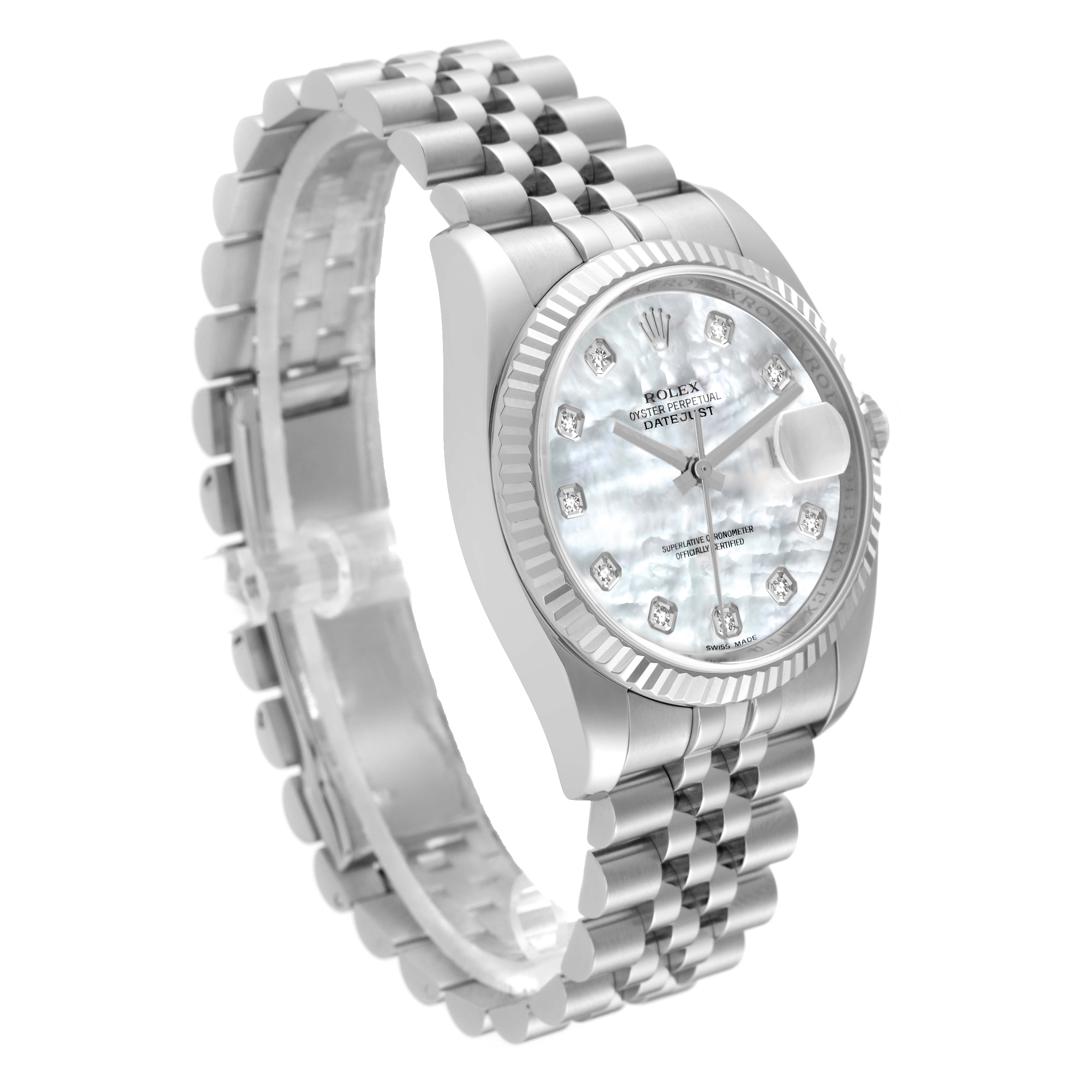 The image shows a side-angle view of a Rolex Datejust 116234 Men's Stainless Steel Mother of Pearl Dial 116234 Men's Stainless Steel Mother of Pearl Dial watch, highlighting the face, bezel, and bracelet.
