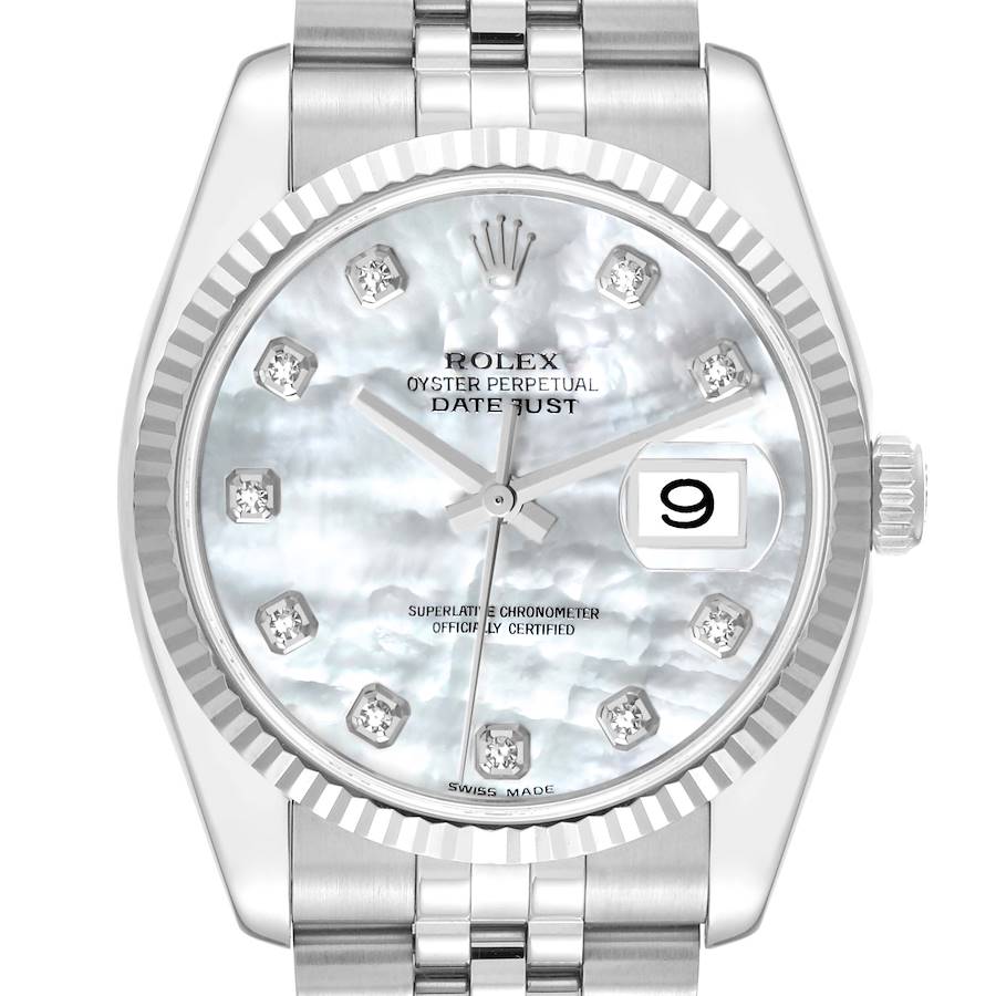 Front view of the Rolex Datejust 116234 Men's Stainless Steel Mother of Pearl Dial 116234 Men's Stainless Steel Mother of Pearl Dial watch showing the dial, hands, crown, and part of the bracelet.