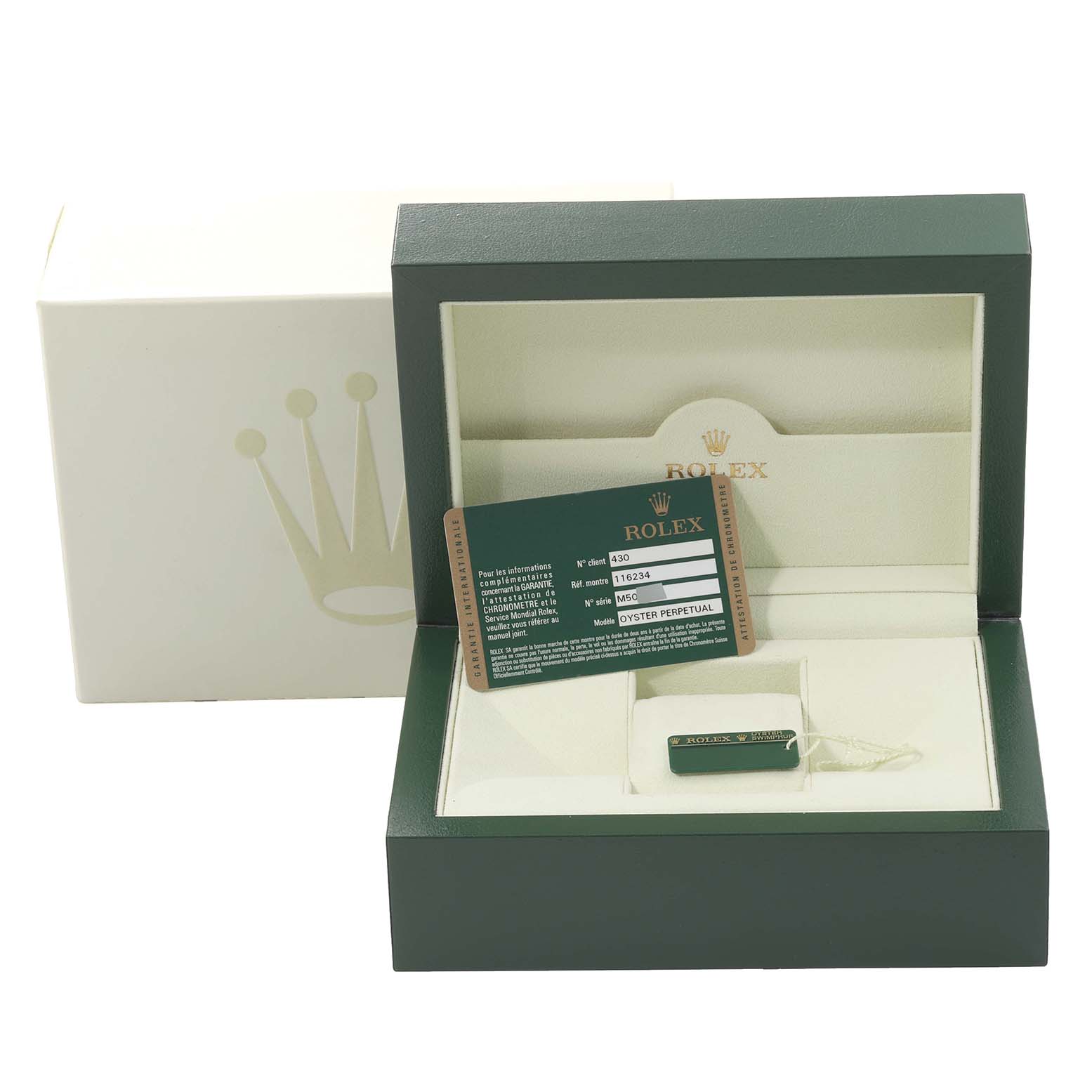 The image shows the packaging box, guarantee card, and tag for the Rolex Datejust 116234 Men's Stainless Steel Mother of Pearl Dial 116234 Men's Stainless Steel Mother of Pearl Dial watch model.
