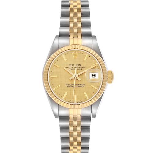 The Rolex Datejust model 69173 watch is shown from a front view, displaying the dial, bezel, hands, jubilee bracelet, and date window.