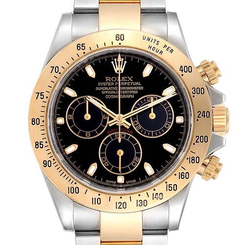 This image displays the Rolex Daytona 116523 Men's Steel and Gold (two tone) Black Dial 116523 Men's Steel and Gold (two tone) Black Dial model watch from a frontal angle, highlighting the dial, bezel, and chronograph sub-dials.