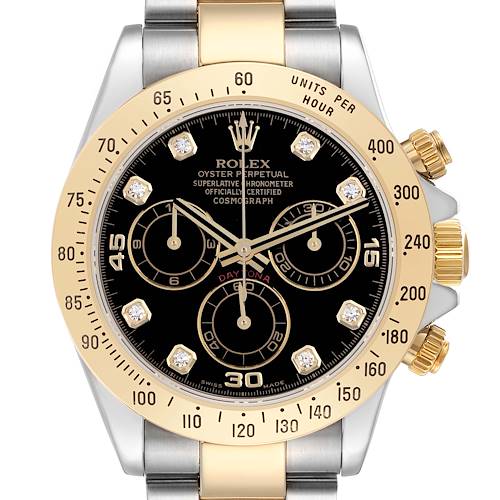 The Rolex Daytona model 116523 men's watch is shown from the front, highlighting its bezel, dial, sub-dials, and part of the bracelet.