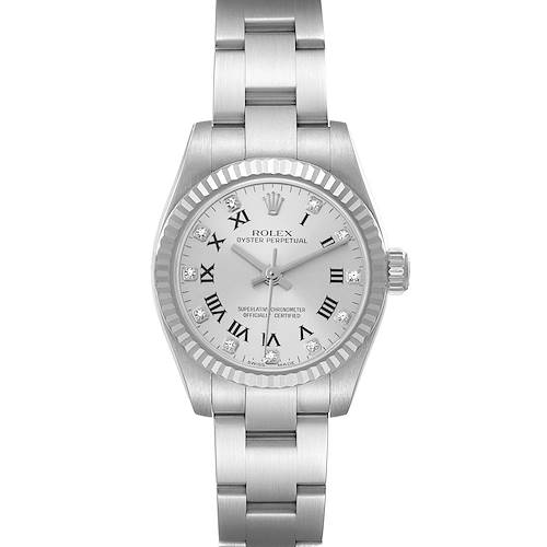 The image shows a Rolex Oyster Perpetual model 176234 men's watch from a top-down angle, highlighting the face, crown, bezel, and part of the bracelet.