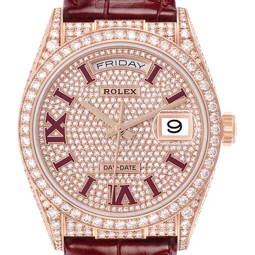 The Rolex Datejust model 128155RBR is shown from a front angle, highlighting its diamond-encrusted dial, bezel, and case, with a burgundy strap.