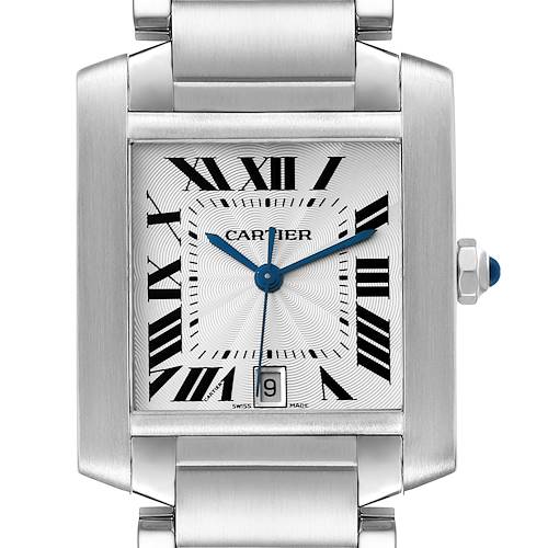 The image shows the face and part of the bracelet of a Cartier Tank Française watch from a close-up, centered angle.