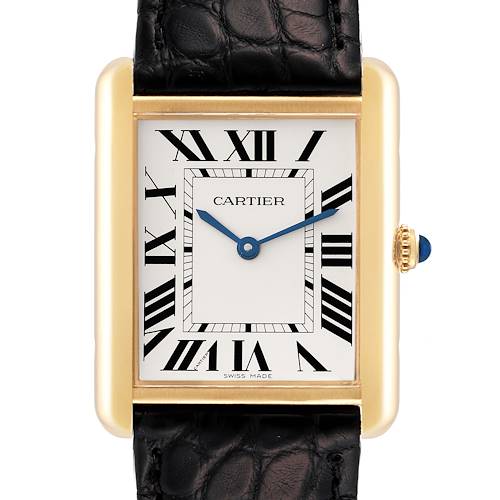 The image shows a front view of the Cartier Tank Solo W5200004 Men's Yellow Gold Silver Dial W5200004 Men's Yellow Gold Silver Dial watch, displaying its rectangular face, Roman numerals, and leather strap.