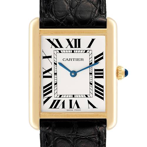 The image shows a Cartier Tank Solo W5200004 Men's Yellow Gold Silver Dial W5200004 Men's Yellow Gold Silver Dial watch, featuring its rectangular face, Roman numerals, and a black leather strap from a front angle.