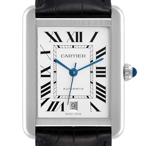This image shows a front view of the Cartier Tank Solo WSTA0029 Men's Stainless Steel Silver Dial WSTA0029 Men's Stainless Steel Silver Dial model watch, displaying the dial, crown, and part of the strap.
